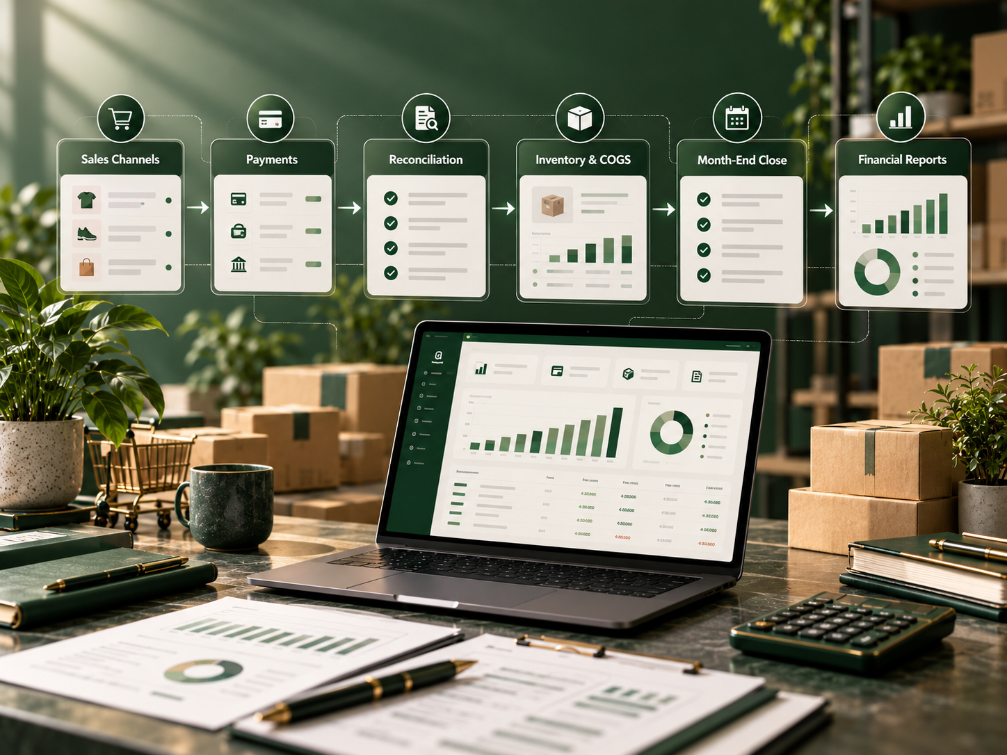 eCommerce monthly close workflow from sales channels through financial reporting