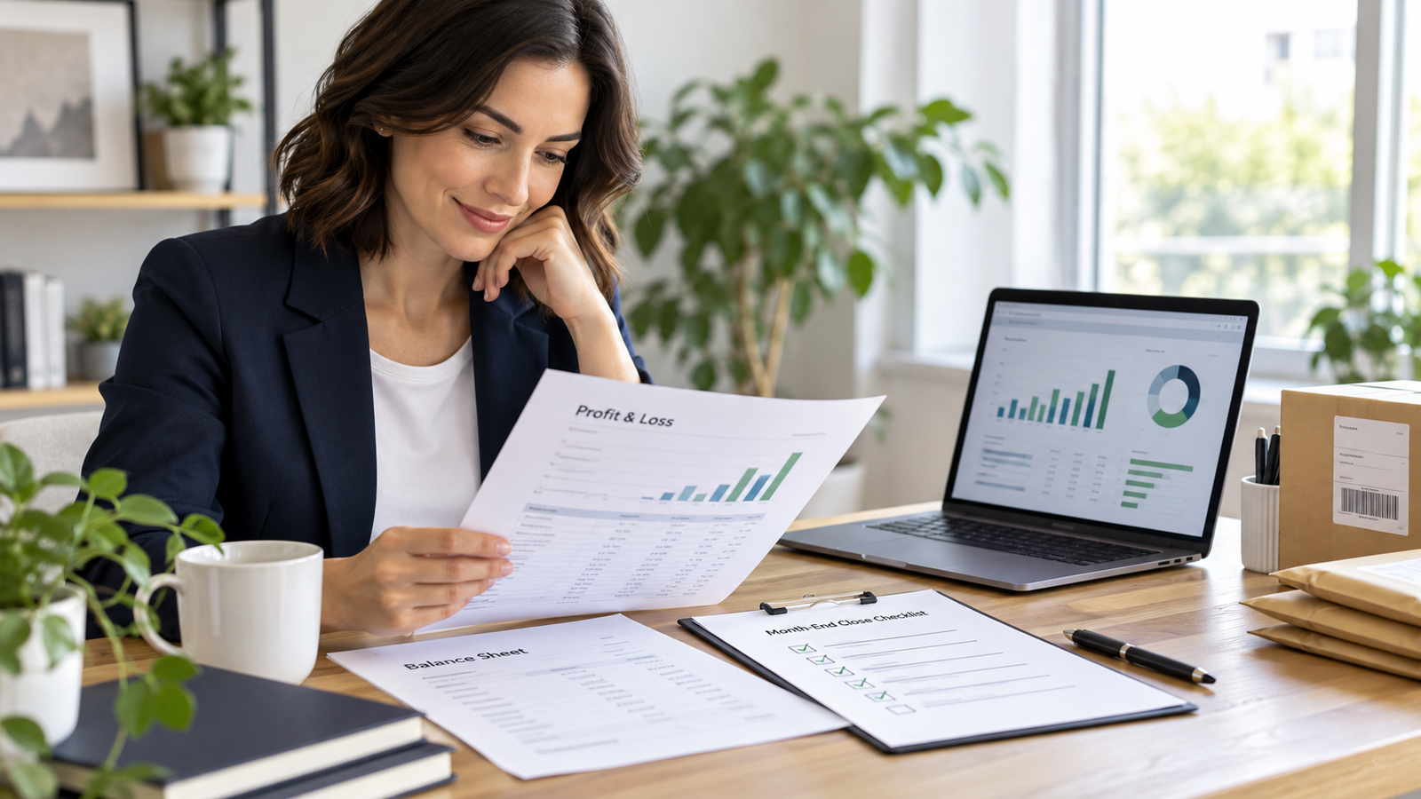 Ecommerce finance professional reviewing profit and loss, balance sheet, and month-end close checklist